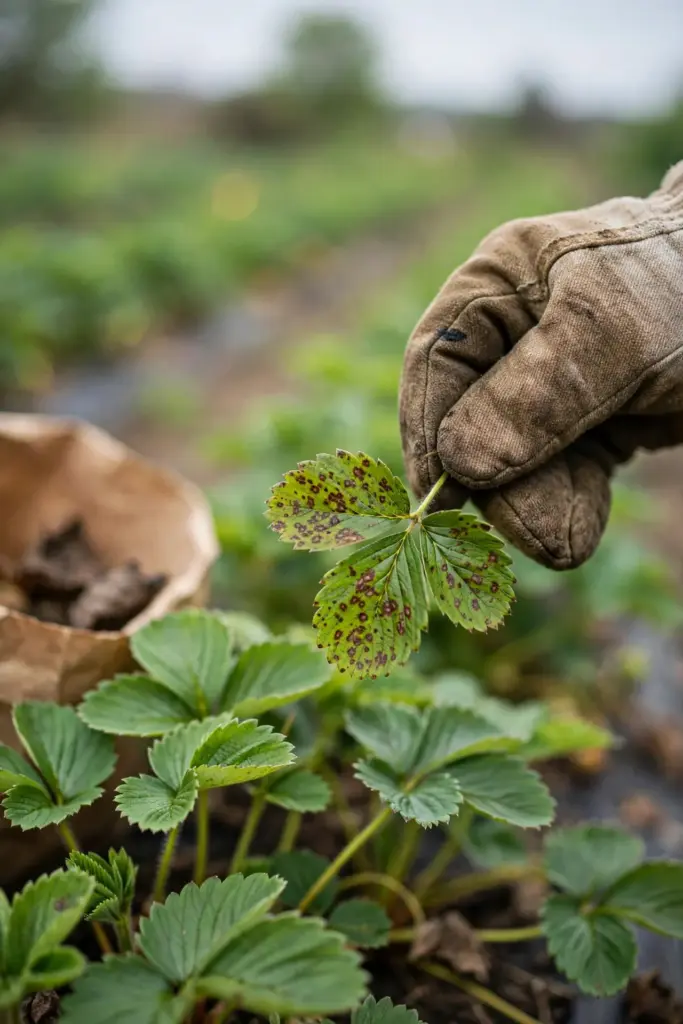 Worn garden mitt pulling a spotted strawberry leaf from the plant.
