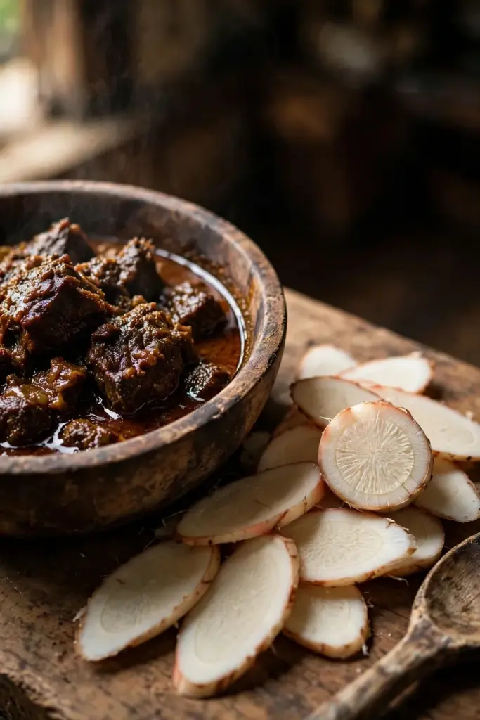Bowl of rendang curry beside sliced fresh galangal on a wooden table