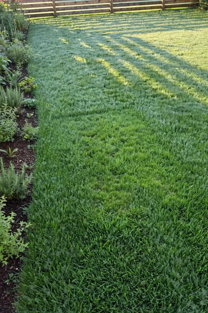 Repaired Buffalo lawn in morning light with full cover across the old patch