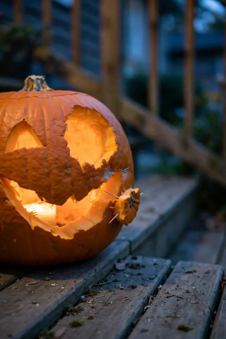 Carved pumpkin with one eye recut wider and a big lopsided grin glowing on a porch step