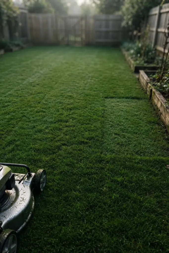 Repaired green lawn in morning light with one faint patch outline left