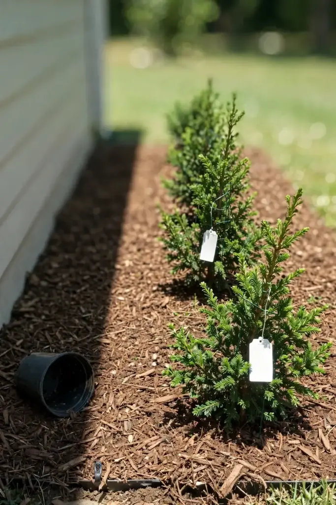 Newly planted young shrubs with wide spacing in a fresh garden bed