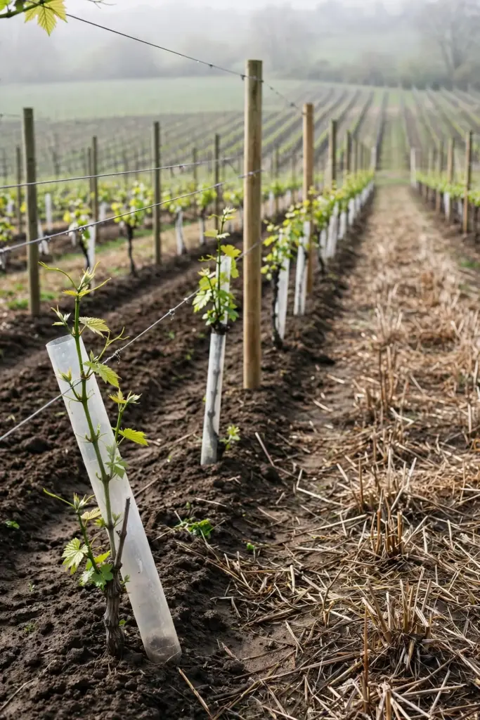 Newly replanted vineyard row with young vines