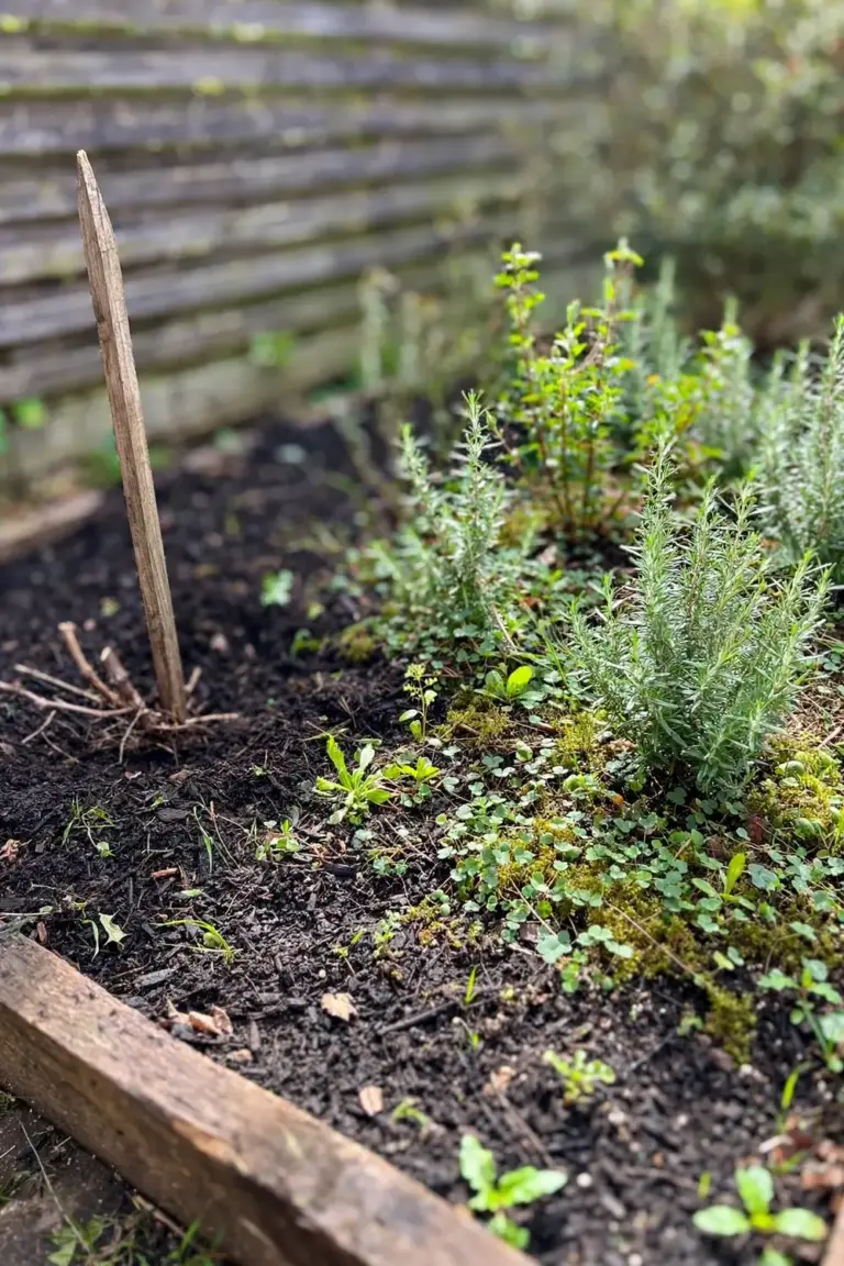 Newly replanted garden gap with young shrubs in fresh mulch