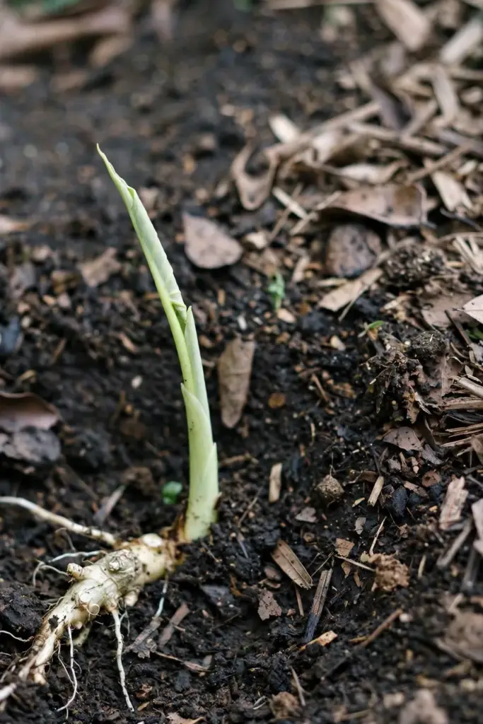 First pale green shoot pushing through soil from a replanted rhizome