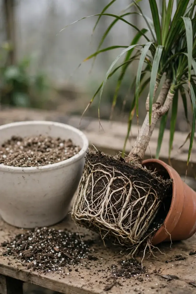 Dracaena root ball half-slipped from its pot beside fresh potting mix