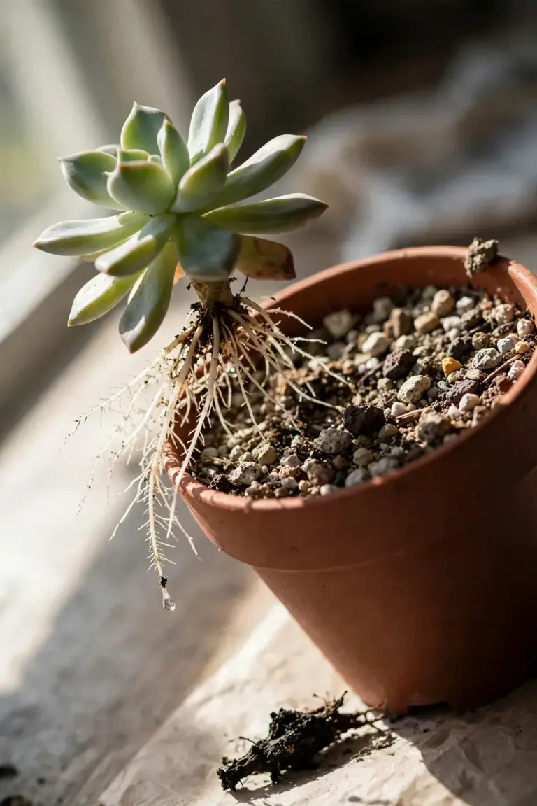Succulent being repotted into dry gritty soil during an overwatering rescue