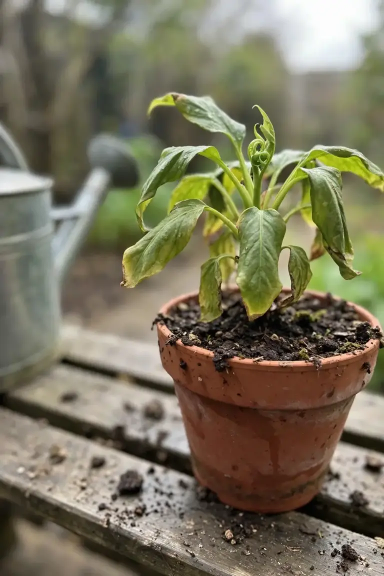 Wilting repotted plant recovering in bright shade