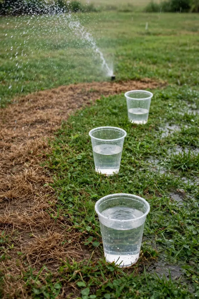 Catch cups on a lawn under sprinkler arcs beside a dry brown crescent
