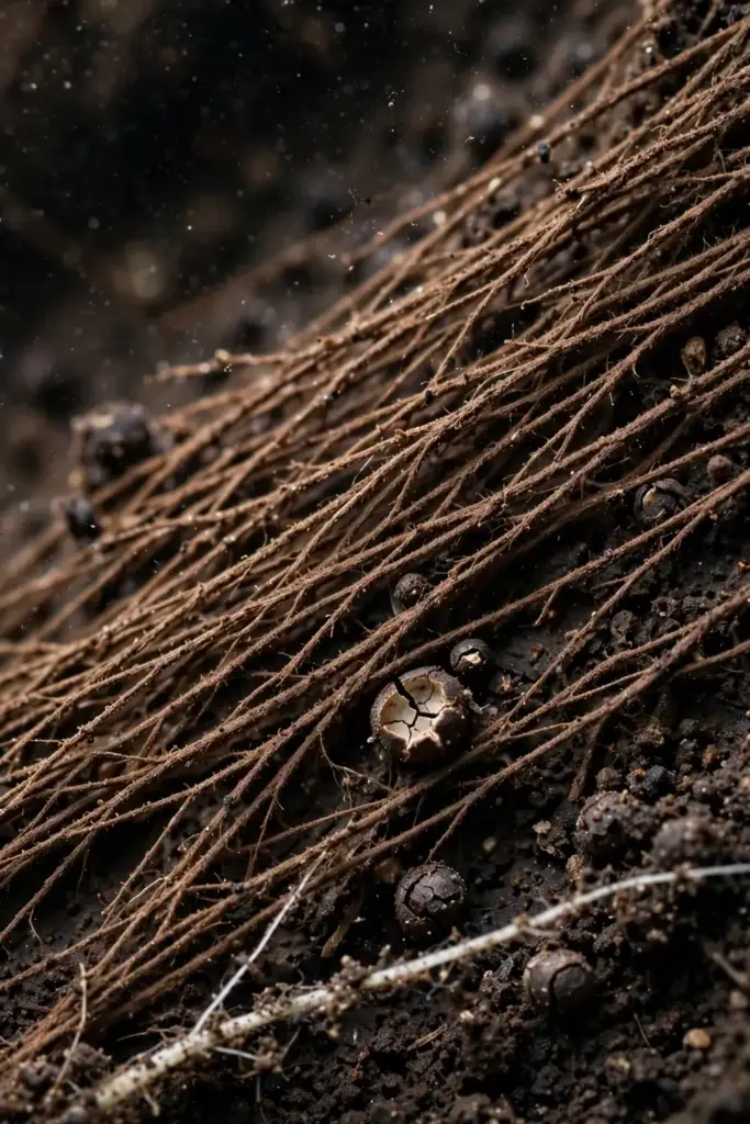 Extreme macro of coarse brown fungal threads spreading across dark soil.
