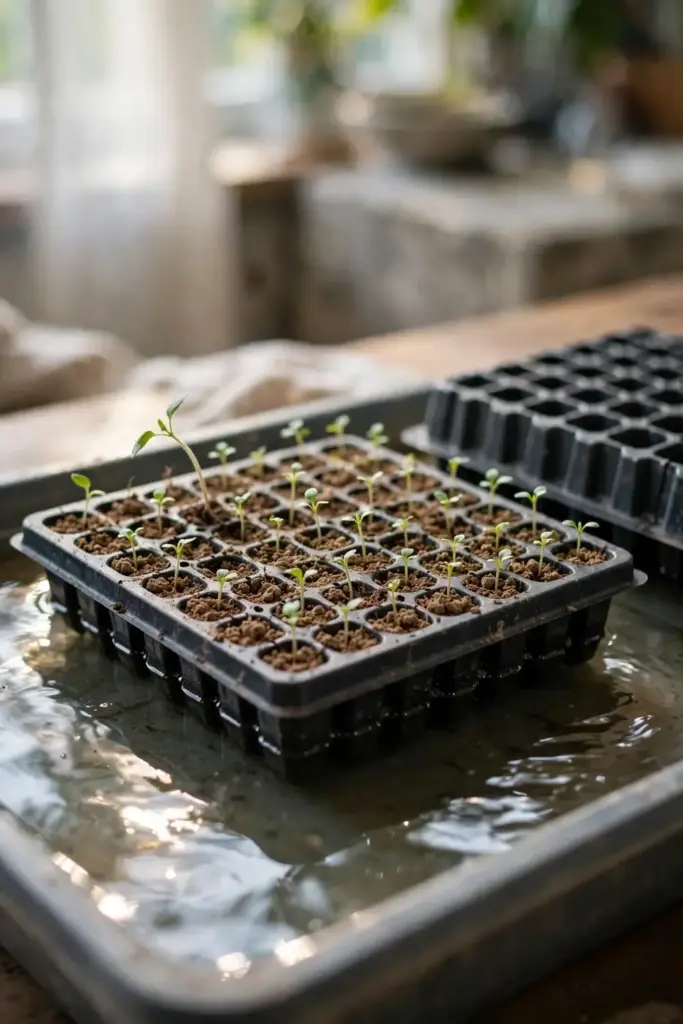 Seedling tray bottom-watering in a shallow reservoir
