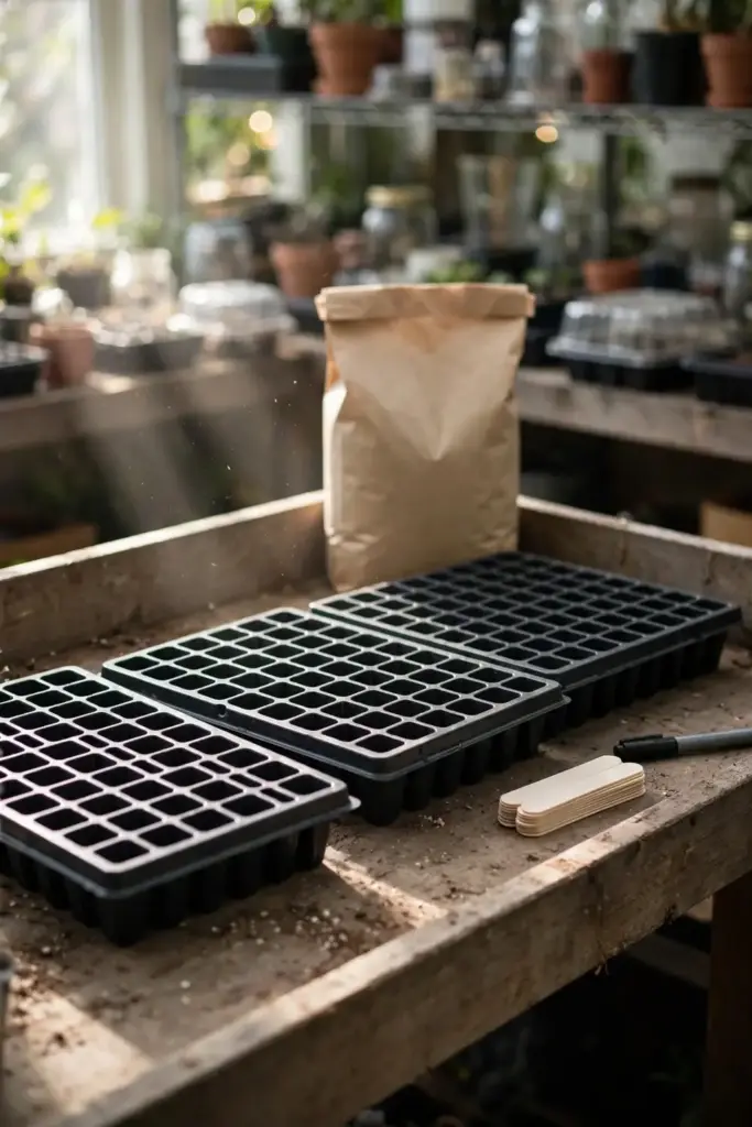 Clean seed-starting station with sealed mix bag and sterilized trays