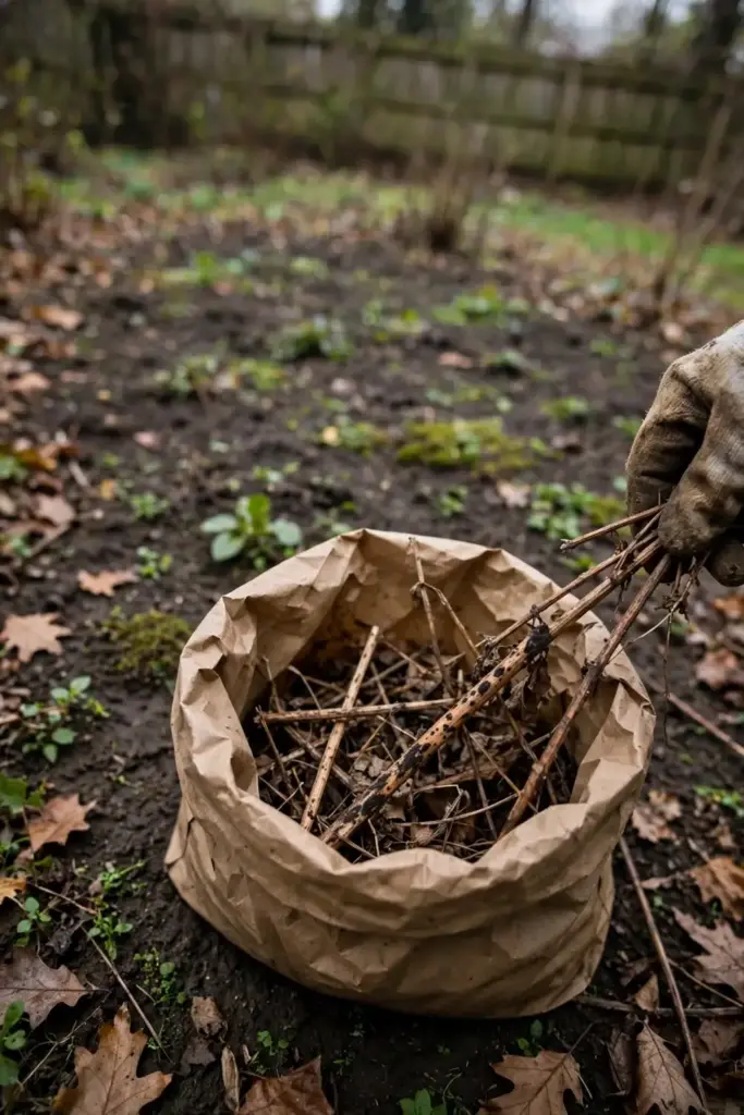 Gloved hand bagging diseased plant stems from a garden bed