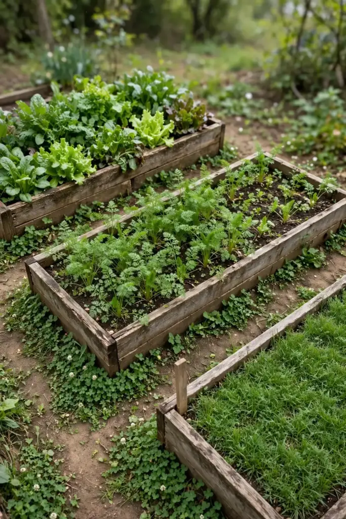Raised beds growing different plant families with one resting bed