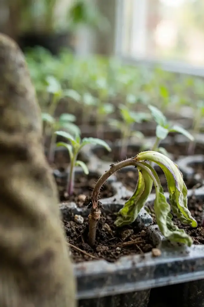 Gloved hand holding a seedling with brown pinched stem at the soil line