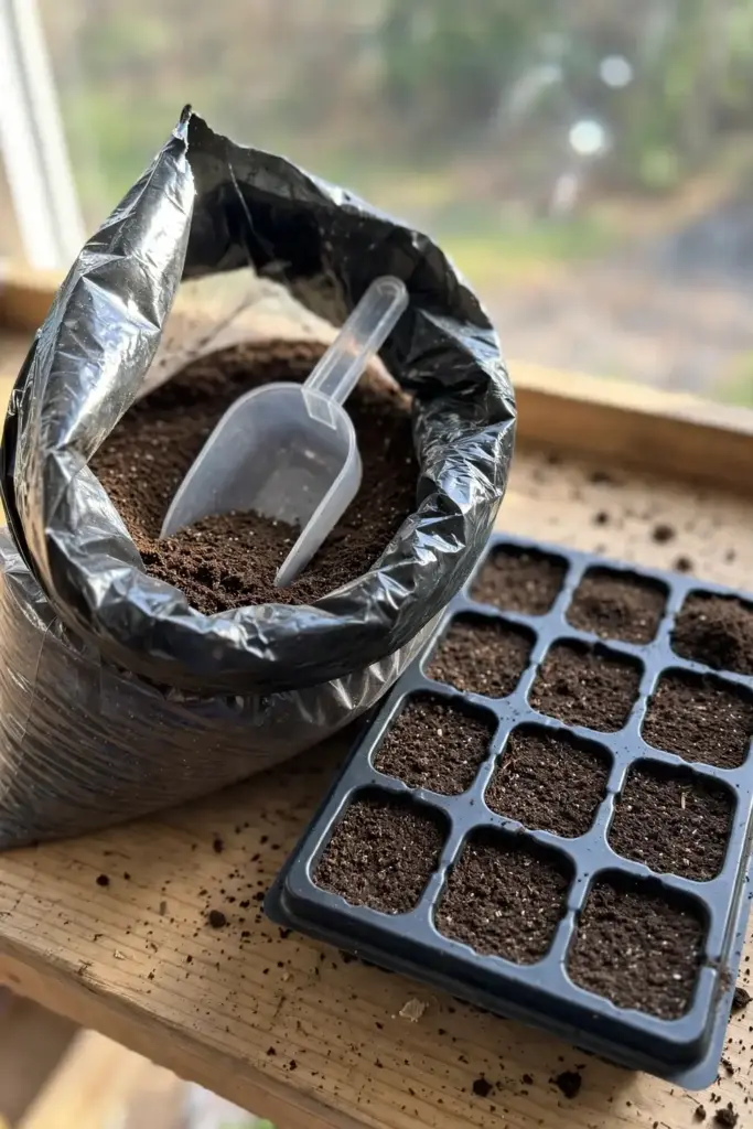 Open bag of fresh seed-starting mix with filled cell tray