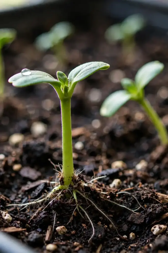 Close-up of a healthy seedling with thick green stem at soil line