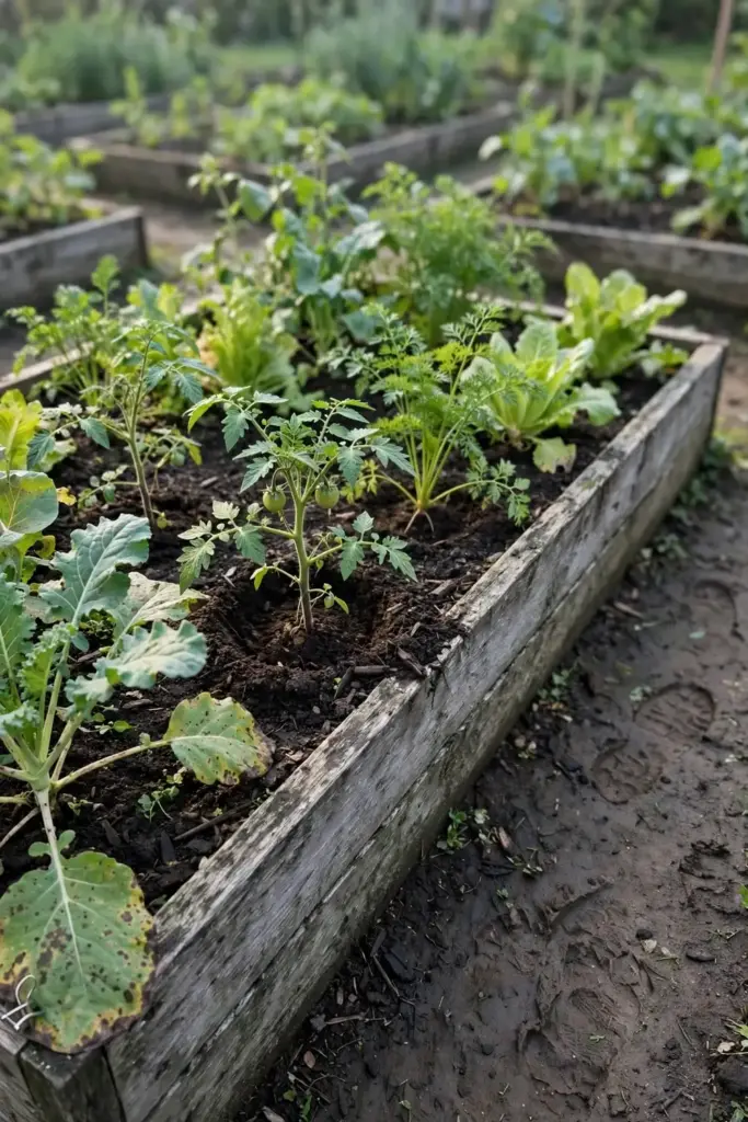 Healthy home vegetable bed with mulch pulled back from stem bases
