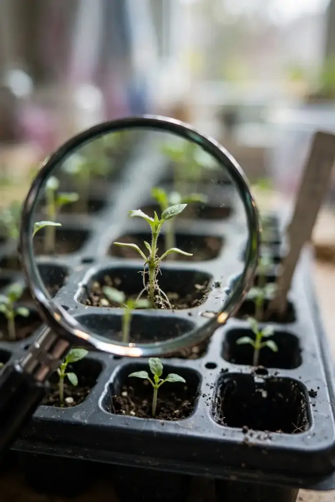 Magnifying glass inspecting seedling stem bases in a tray