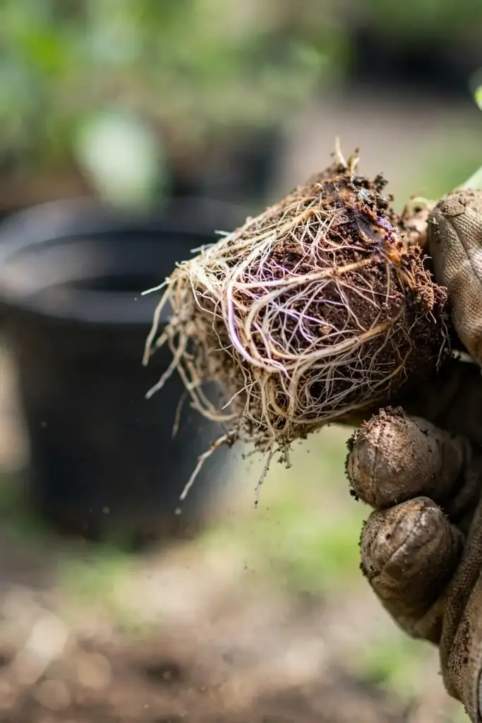 Gloved hand inspecting a transplant root ball for brown mushy roots