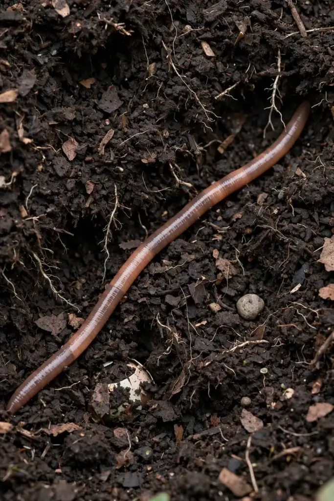 Close-up of dark living soil with compost and an earthworm