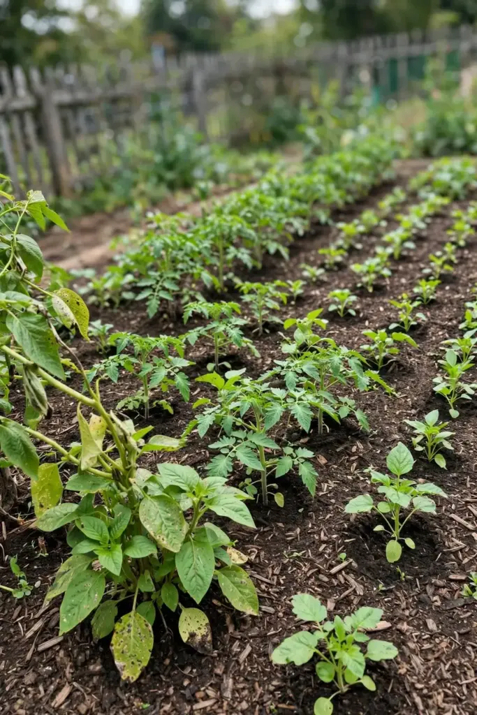Thriving home vegetable garden with vigorous plants and mulched beds