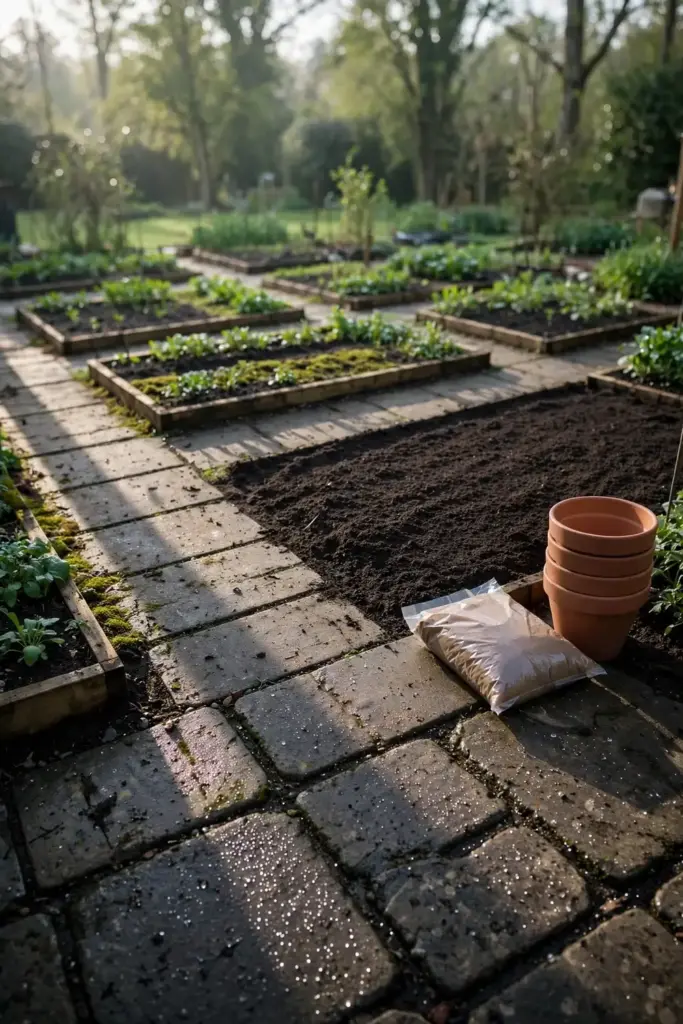 Tidy garden beds in morning light with clean pots ready for planting