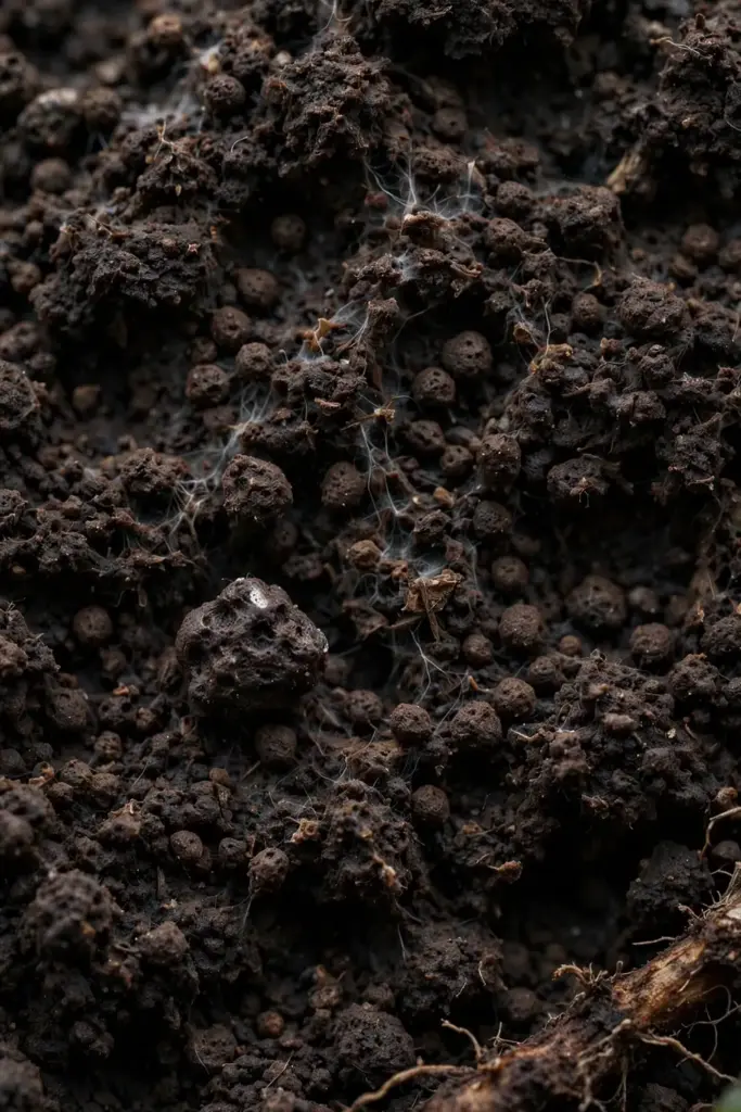 Extreme macro of tiny brown-black sclerotia resting structures in soil