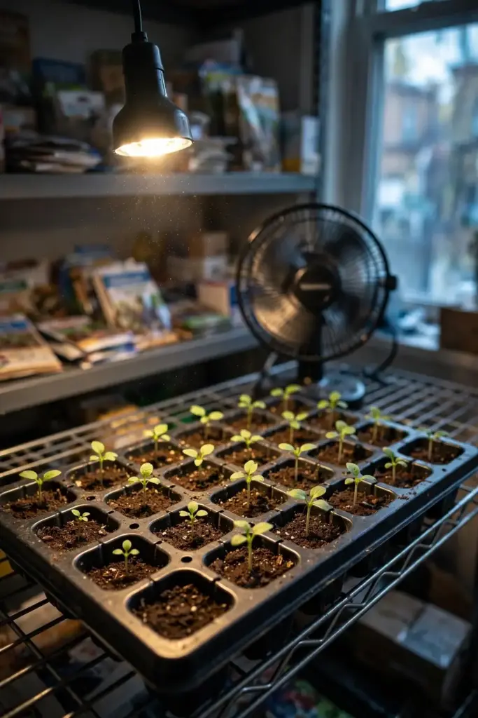 Spaced seedlings under a shop light with a small fan behind