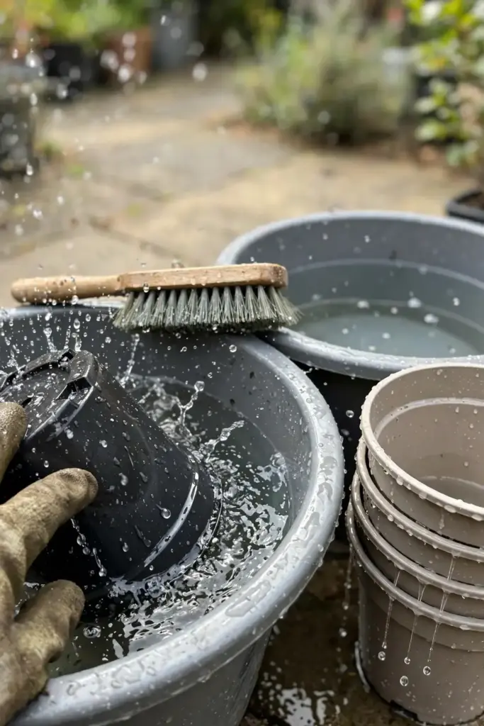 Gloved hand scrubbing a plant pot in a basin of water