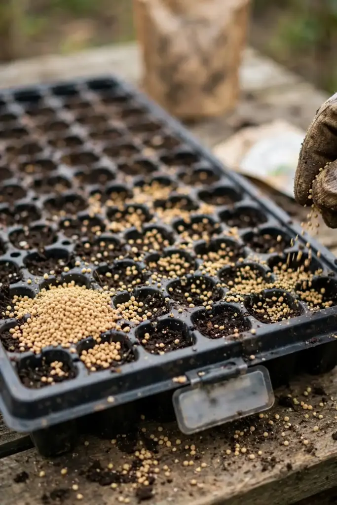 Gloved hand sprinkling Trichoderma granules over potting mix