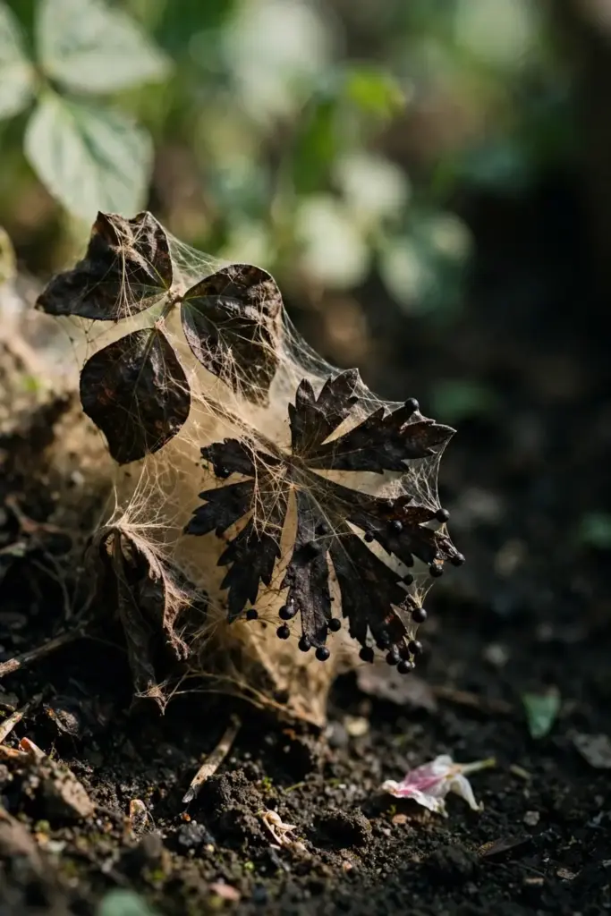 Tan webbing clinging to blighted bean and perennial leaves with dark brown spots.