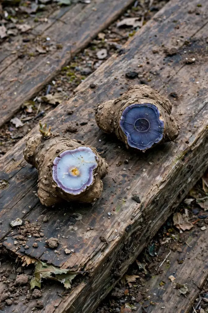 Two cut rhizomes side by side showing pale blue and deeper blue-purple flesh