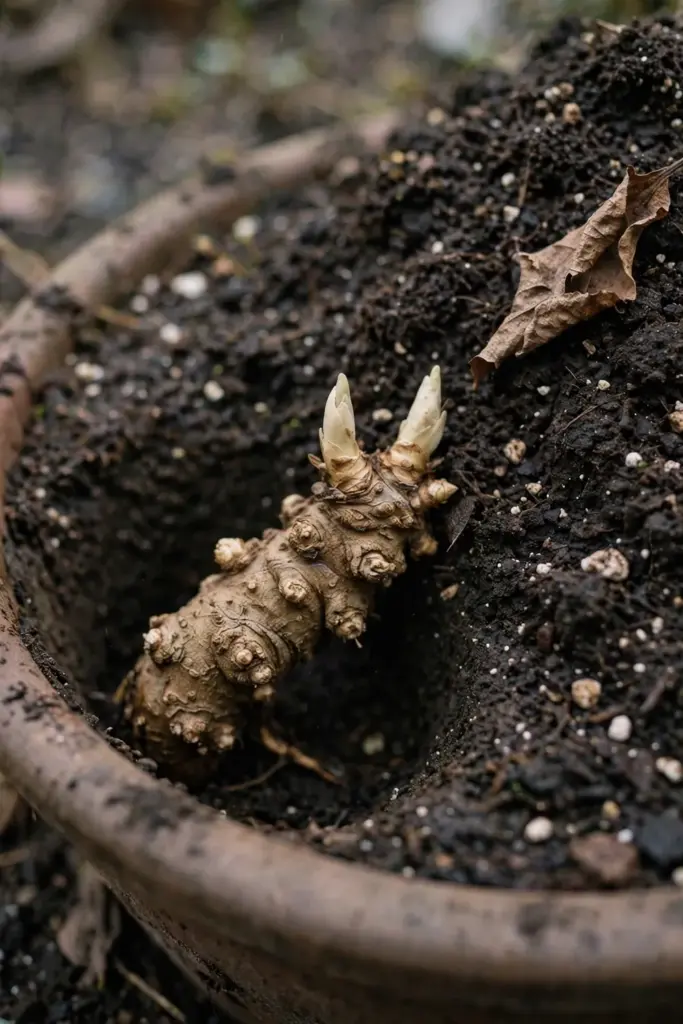 Rhizome piece laid buds-up in a shallow planting hole in a pot