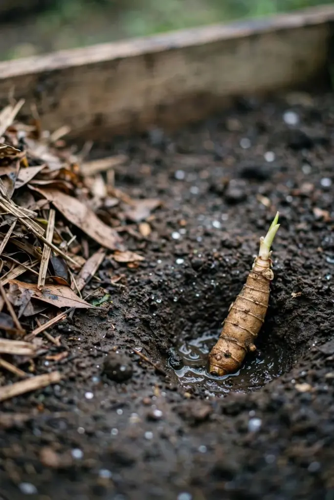 Kencur rhizome piece set shoot-up in a planting hole in a raised bed
