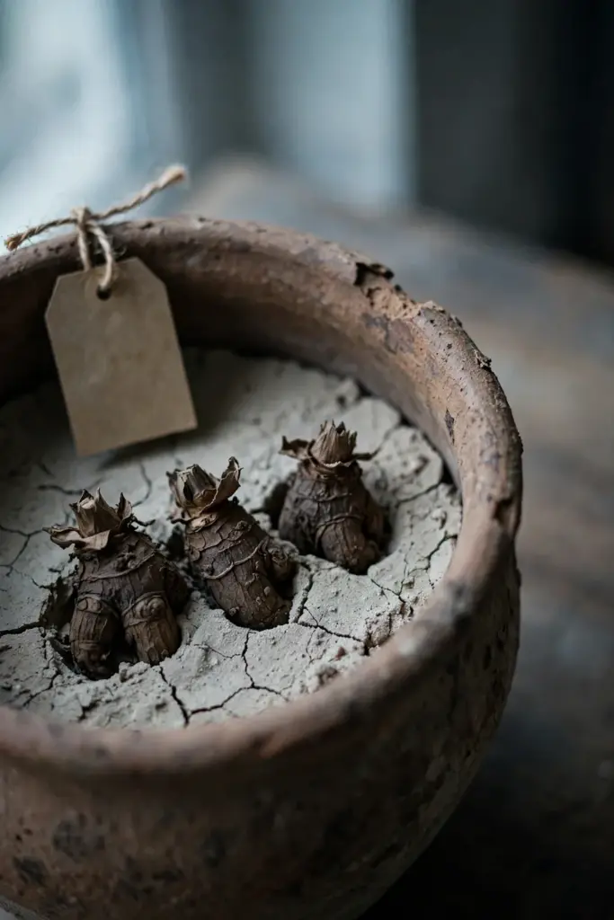 Dormant kencur rhizomes stored in dry sand inside a clay pot