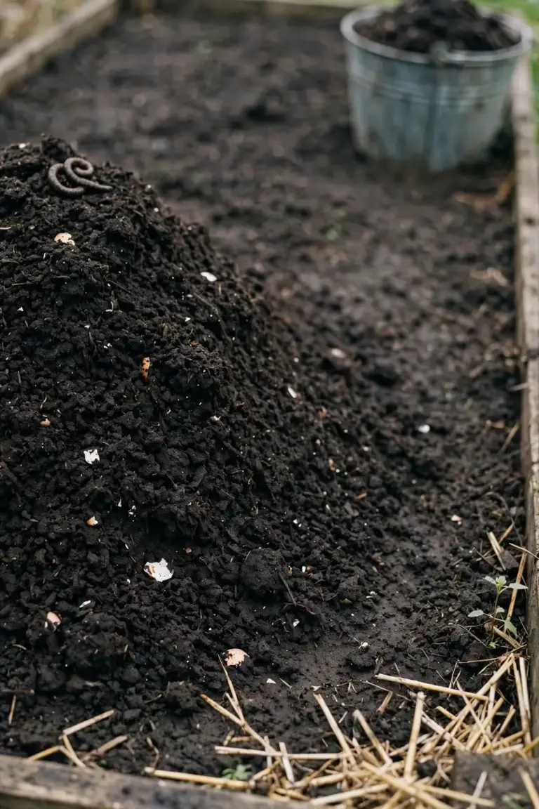 Garden bed topped with a band of dark mature compost