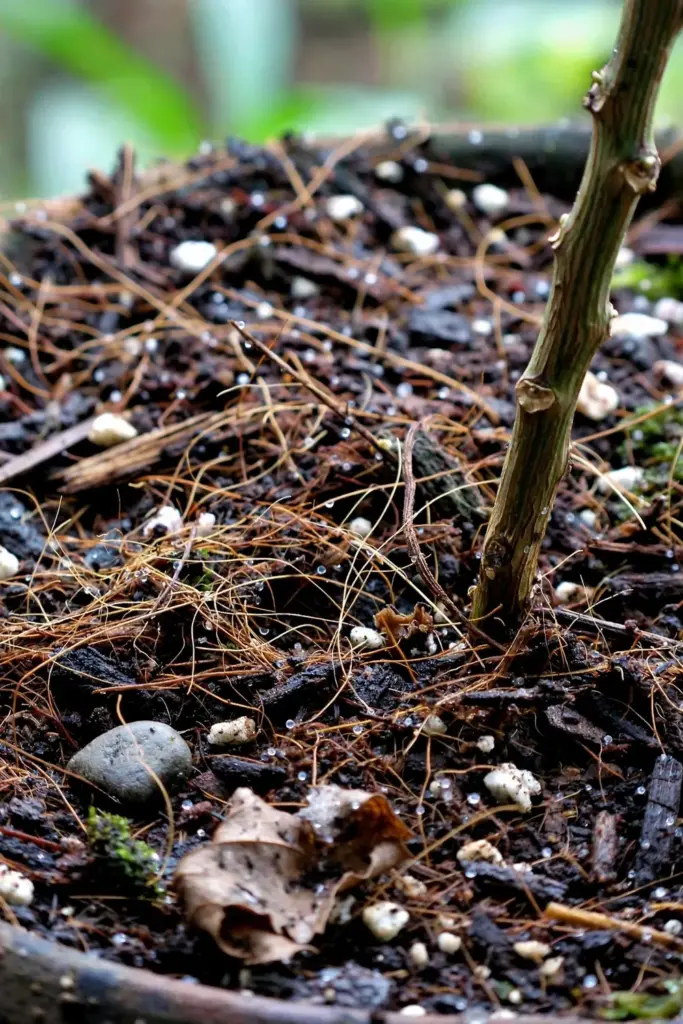 Rich potting mix with compost, coir, and perlite around a vine stem base