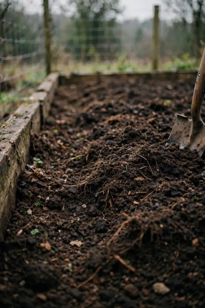 Dark compost dug through a vegetable bed before corn sowing