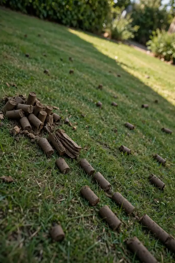 Fresh aeration plugs scattered across a lawn, opening compacted soil.