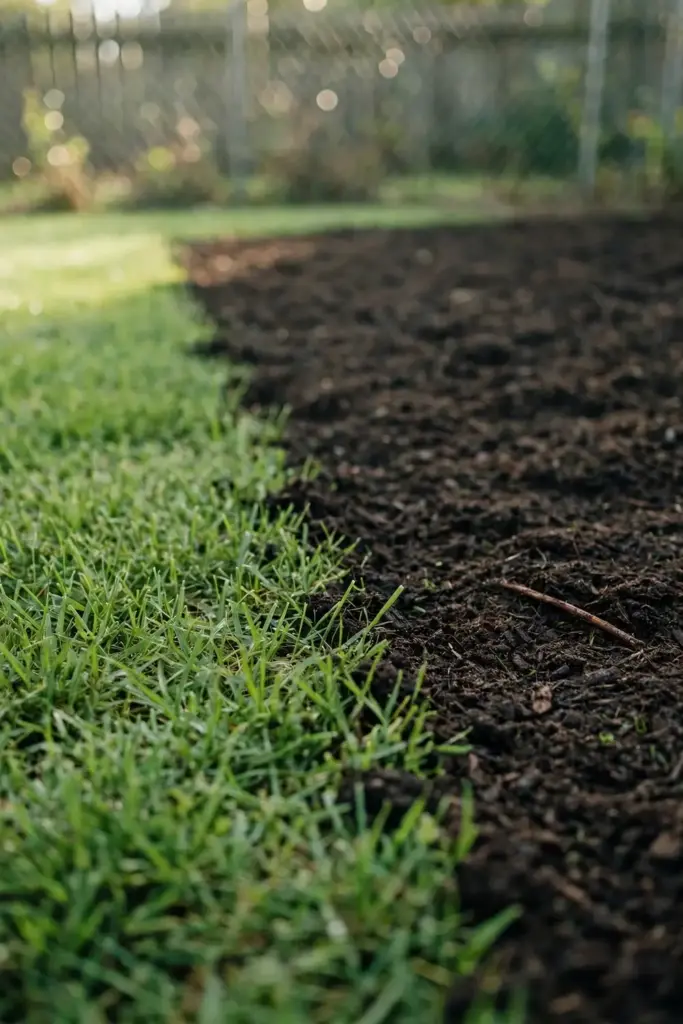 Dark compost topdressing worked lightly into lawn turf.