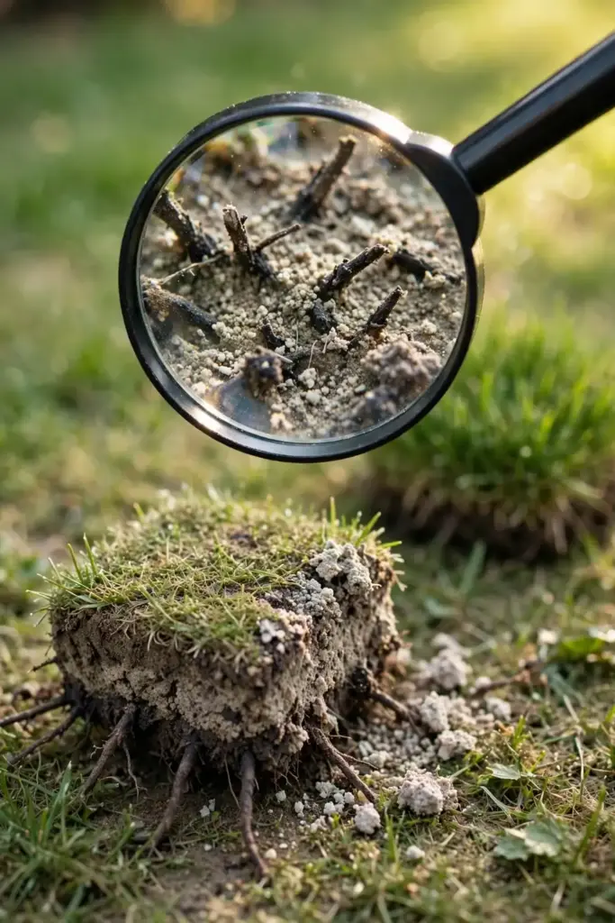 Turf plug examined under a magnifying glass, sorting nematode damage from lookalikes.