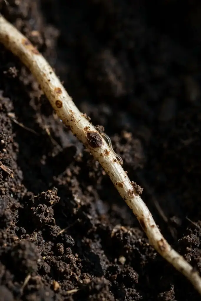 Dramatic macro of a grass root tip with tiny feeding lesions in dark soil.
