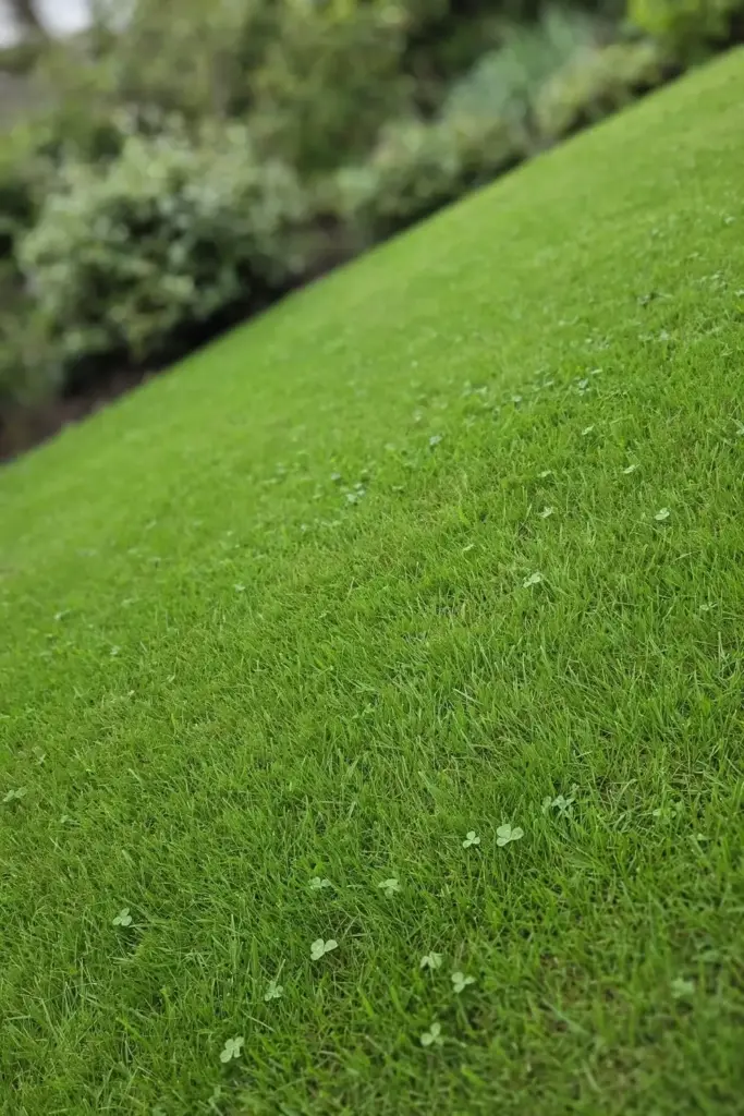 Evenly green lawn fed lightly through the season, steady growth without flushes.