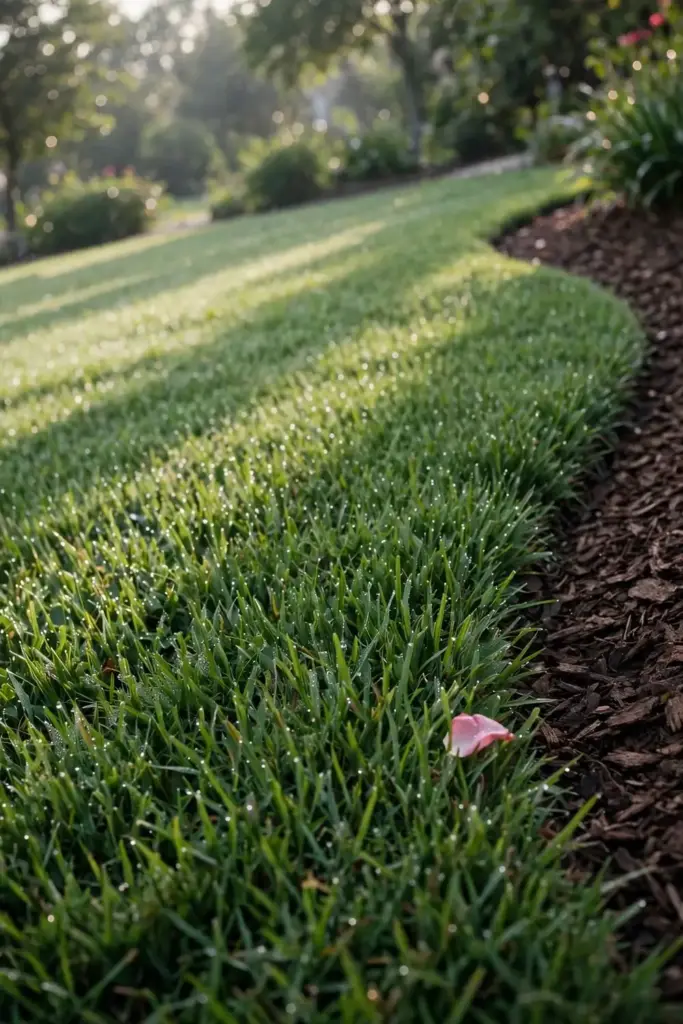 Thick healthy lawn in morning light, the payoff of the cultural program.