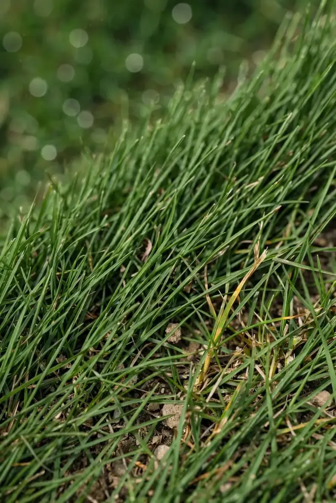 Homeowner's view down at lawn turf, inspecting blades up close.