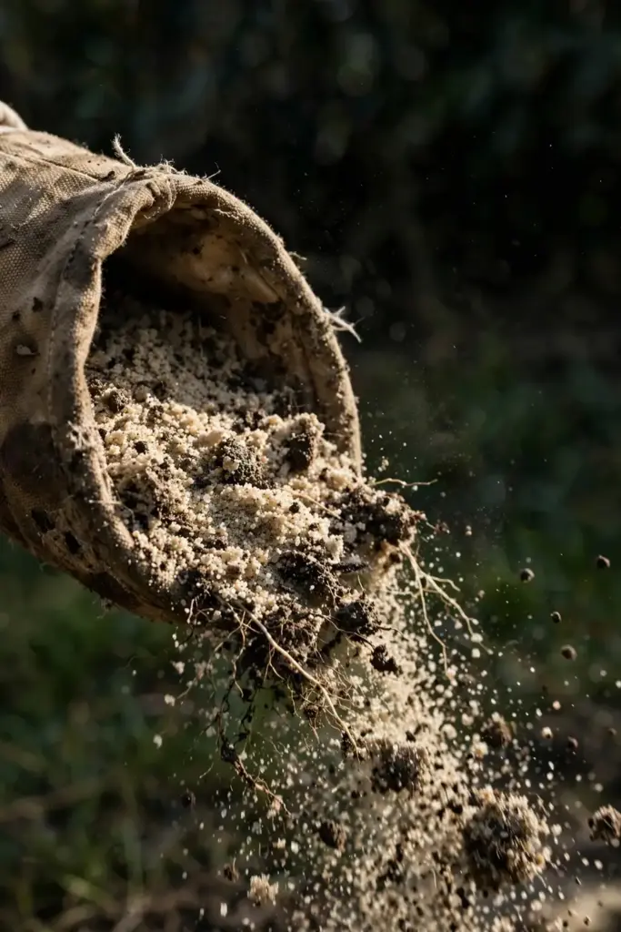 Sandy soil crumbled in a worn garden mitt, showing where ring nematodes live.