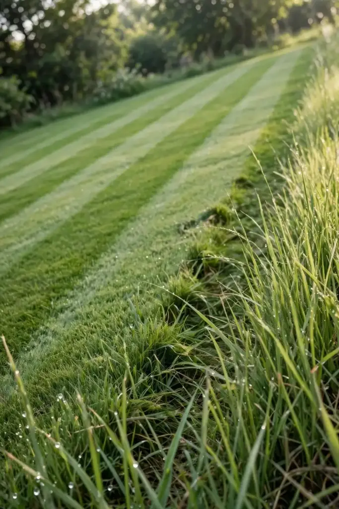 Lawn mowed tall with visible stripes, the free cultural fix that helps most.