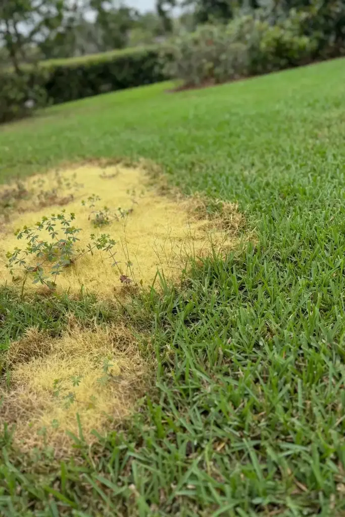Irregular yellow thinning patches spreading slowly across a home lawn.