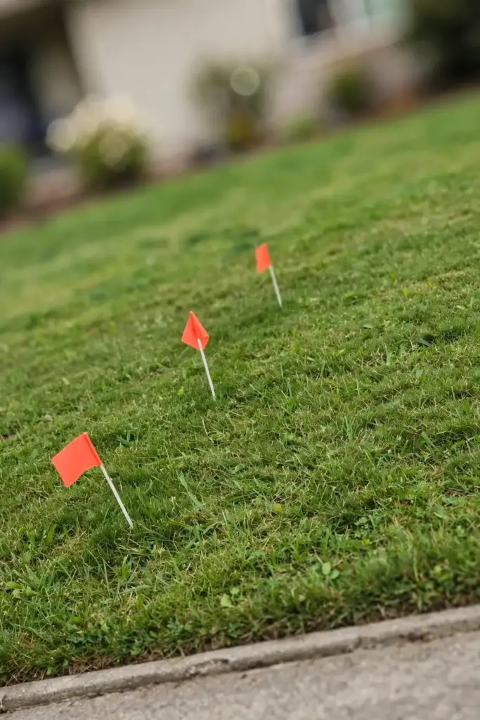 Recently treated lawn with small marker flags, the professional last resort.